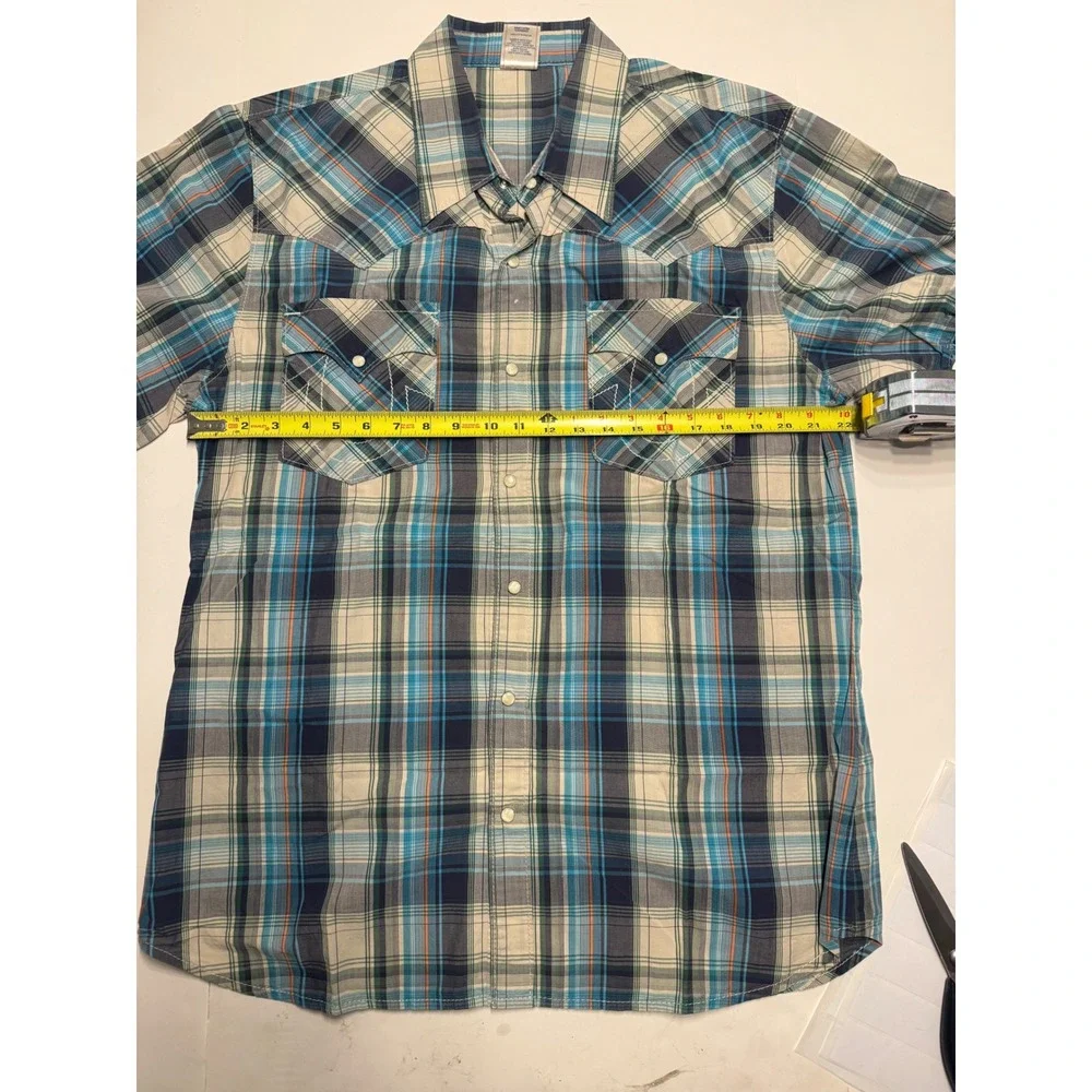 True Religion Mens XXXL Blue Plaid Western Snap Short Sleeve Shirt Horseshoe